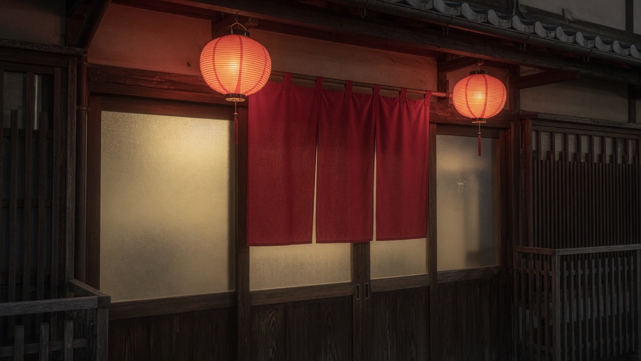 Shop entrance with a plain red noren and paper lanterns in Yoshiwara